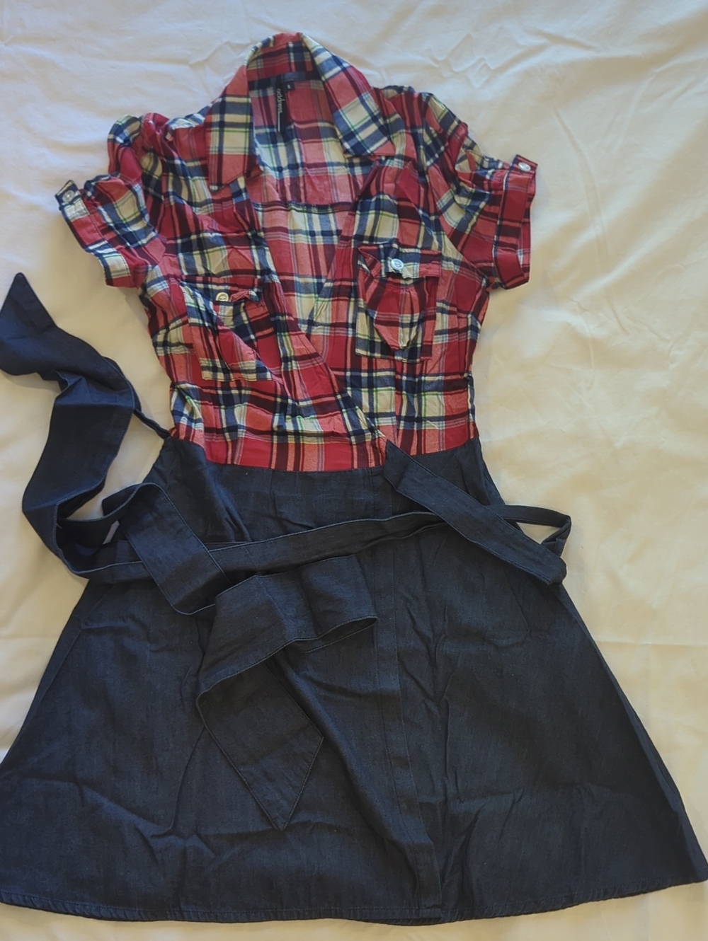 Women's Wrap-Dress, Plaid Top/Denim Skirt - Address Apparel